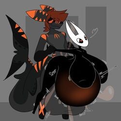 anthro bodily_fluids cole_the_shark cum cum_inflation duo female fish furry genital_fluids heart-shaped_pupils hi_res hollow_knight hornet_(hollow_knight) inflation large_breasts male male/female marine original_character shark srgreja_(artist) stomach_bulge team_cherry vaginal_penetration video_games