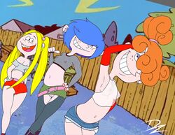 3girls background blue_hair buckteeth dzyer earrings ed_edd_n_eddy eyeshadow female female_only fishnet_shirt freckles hair_tied hand_on_hip kanker_sisters lee_kanker light-skinned_female light_skin looking_at_viewer looking_back marie_kanker may_kanker midriff nipslip one_eye_obstructed orange_hair panties short_shorts teeth thigh_gap thong_above_skirt thong_straps transparent_clothing twintails yellow_hair