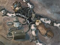 2021 anthro bodily_fluids bondage brown_hair clothed clothing cum digital_media_(artwork) femboy genital_fluids genitals hair hyaenid machine male mammal penile penis penis_milking penis_milking_machine ruaidri semen_collecting_machine solo