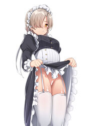 azur_lane bar_censor black_dress blonde_hair braid breasts censored clip_studio_paint_(medium) commentary_request dress female frilled_dress frills garter_straps hair_over_one_eye highres juliet_sleeves lifted_by_self long_sleeves looking_at_viewer maid_headdress medium_breasts no_panties puffy_sleeves sheffield_(azur_lane) shiny shiny_skin short_hair simple_background solo spicy_moo standing thighhighs white_background wrist_cuffs yellow_eyes