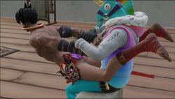 3d anal anthro anthro_penetrating_human blender feet_up fortnite furry gay grabbing_arms half-dressed llama llambro_(fortnite) muscular_male raz_(fortnite) sitting tattoos yaoi