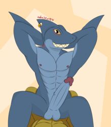 2021 abs admiralbruh1897 anal anal_sex anthro blue_body boner canid canine digital_media_(artwork) duo erection fish flexing forsburn genitals hands_behind_head hi_res looking_at_viewer male male/male male_only mammal marine multicolored_body muscular muscular_anthro muscular_male nipples nude obscured_penetration pecs penetration penis rivals_of_aether shark sharp_teeth signature slade_(dungeons_of_aether) smile teeth video_games yellow_eyes