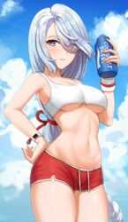 1girls abs absurd_res belly_button big_breasts blue_eyes blush bottle braid braided_hair breasts cloud detailed_background female fit fit_female genshin_impact gym_clothes gym_shorts gym_uniform hair_over_one_eye hair_ribbon hand_on_hip hi_res highres hips huge_breasts large_breasts long_hair looking_at_viewer matmaj midriff purple_eyes red_shorts shenhe_(genshin_impact) shiny_skin short_shorts shorts shoulders sky small_waist smartwatch solo sports_bra sportswear sweat sweatdrop sweaty sweaty_body sweaty_breasts sweaty_thighs thick thick_thighs thighs tight_clothing underboob waist watch water_bottle white_hair white_sports_bra wide_hips wristband