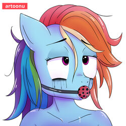 2021 anthro artoonu ball_gag blue_body bodily_fluids broken crying dripping equid equine exhausted eyelids female friendship_is_magic gag hair half-closed_eyes hasbro hi_res horse makeup mammal mascara mascara_tears messy messy_hair multicolored_hair my_little_pony narrowed_eyes pink_eyes pony rainbow_dash_(mlp) rainbow_hair running_makeup saliva saliva_drip signature solo solo_focus straight_hair submissive tears tired tired_eyes