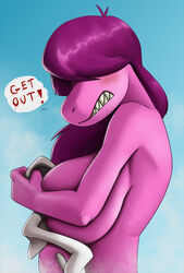 anthro better_version_at_source big_breasts blue_background blush breasts covering covering_breasts covering_self creatiffy deltarune dialogue female hair hi_res huge_breasts nude purple_body purple_hair scalie showing_teeth simple_background solo speech_bubble susie_(deltarune) undertale_(series) video_games