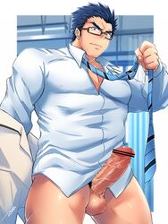 1boy bar_censor bara blue_necktie bottomless business_suit censored collared_shirt covered_nipples dress_shirt erection formal glasses hair_slicked_back highres large_pectorals large_penis looking_at_viewer male male_focus male_only male_pubic_hair mature_male muscular muscular_male necktie original partially_clothed partially_unbuttoned pectoral_cleavage pectorals penis pubic_hair reward_available salaryman shirt short_hair sideburns solo suit tepen_(tptptpn) thick_eyebrows thick_thighs thighs undone_necktie undressing veins veiny_penis