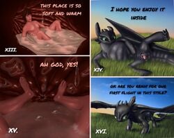 absurd_res after_vore anus black_body bodily_fluids comic dragon dreamworks duo first_person_view genitals green_eyes hi_res hiccup_horrendous_haddock_iii how_to_train_your_dragon human human_prey inside_stomach lying male male/male mammal meadow night_fury on_side organs penis scalie stomach stomach_acid sunset toothless vore ward0r western_dragon willing_vore wings