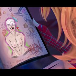 blonde_hair canonical_scene engelhvit female ghost-spider gwen_art_check gwen_stacy marvel mask meme nipples nude spider-gwen spider-man:_across_the_spider-verse spider-man_(series) tongue tongue_out twitter_username