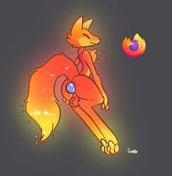 2021 anthro balls biped canid canine closed_eyes egg_in_ass egg_laying firefox fox fur gay genitals glowing hi_res male male_only mammal orange_body orange_fur paws rear_view simple_background solo xing_(artist)