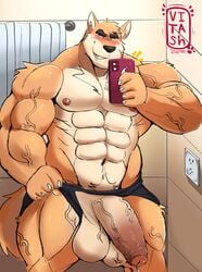 2021 abs absurd_res anthro balls barazoku bathroom biceps big_balls big_muscles big_penis blush bodily_fluids canid canine canis cellphone clothing clothing_pull domestic_dog emanata eyebrows foreskin fur genital_fluids genitals half-erect hi_res holding_object holding_phone huge_balls huge_cock huge_muscles humanoid_genitalia humanoid_penis inside male male_only mammal muscular muscular_anthro muscular_male narrowed_eyes navel nipples obliques pecs penis phone poking_out precum presenting presenting_penis quads shiba_inu signature smartphone smile smirk solo spitz standing taking_picture taking_selfie thick_thighs tuft underwear underwear_pull vein veiny_balls veiny_muscles veiny_penis vitashi