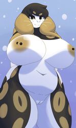 anthro big_breasts breasts dullyarts female genitals hi_res huge_breasts mammal nipple_piercing nipples nude piercing pussy snow snowing solo