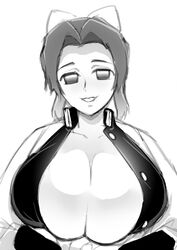 alternate_breast_size big_breasts cleavage demon_slayer enormous_breasts female female_only huge_breasts kimetsu_no_yaiba kochou_shinobu kodomo_de_itai looking_at_viewer monochrome no_bra open_shirt overflowing_breasts sketch smile solo upper_body wip