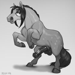 1boy 2021 anatomically_correct anatomically_correct_genitalia anatomically_correct_penis animal_genitalia animal_penis balls bedroom_eyes big_balls big_penis black_hair digital_media_(artwork) equid equine equine_penis erection eyebrows feral genitals greyscale hair heiken hi_res hooves horse looking_at_viewer male male_only mammal mane mane_hair medial_ring monochrome narrowed_eyes on_hind_legs penis quadruped seductive sheath signature simple_background smile smiling_at_viewer solo vein veiny_penis zazush-una