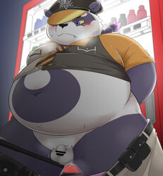 1boy 2021 alp_(tokyo_afterschool_summoners) anthro bake_gosut balls belly blush bodily_fluids bottomwear censored clothing cute_fangs flaccid genitals giant_panda hat headgear headwear hi_res kemono lifewonders male male_only mammal navel necktie overweight overweight_male pants penis police police_badge police_baton police_hat purple_body shirt small_penis solo solo_focus sweat tokyo_afterschool_summoners topwear ursid vending_machine video_games white_body