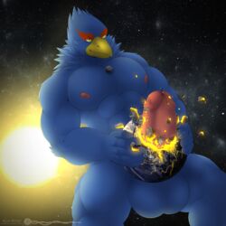 absurd_res anthro avian balls big_balls big_penis bird blue_body bodily_fluids destruction erection falco_lombardi genital_fluids genitals hi_res huge_balls huge_cock koa_wolf macro male male_only male_penetrating nintendo penetration penis planet planet_penetration precum solo space star_fox video_games