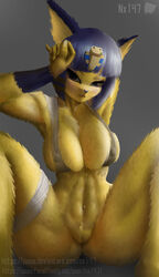 absurd_res animal_crossing ankha anthro ass barely_visible_genitalia barely_visible_pussy big_breasts big_butt blue_hair breasts clothing digital_media_(artwork) eyebrows eyelashes feet female genitals gesture hair hands_behind_head hi_res looking_at_viewer muscular muscular_female navel nintendo nipples non-mammal_breasts non-mammal_nipples nx147 pose pussy shaded slip solo teeth thick_thighs toes tomboy video_games wide_hips