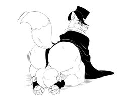 "honest"_john_foulfellow 2021 a-side anthro ass balls big_balls big_butt canid canine cape claws clothing disney fox fur genitals hat headgear headwear looking_at_viewer looking_back male male_only mammal monochrome pawpads paws pinocchio rear_view seductive solo thick_thighs top_hat whiskers