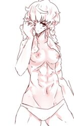 abs amane_suzuha braided_hair colored_sketch jonyeld looking_away medium_breasts messy_hair muscular muscular_female navel nipples one_eye_closed panties standing steins;gate sweat topless topless_female towel towel_around_neck towel_on_shoulder