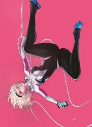 1girls 7zaki blonde_hair blue_eyes cellphone clothed female female_only gwen_stacy marvel marvel_comics one_eye_closed short_hair skin_tight solo solo_female spider-gwen spider-man:_into_the_spider-verse spider-man_(series) superheroine swinging upside-down