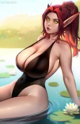 big_breasts blizzard_entertainment blood_elf celi_(celi_oo) elf_ears female green_eyes horns hotaru_sen long_eyebrows long_hair original_character red_hair warcraft world_of_warcraft