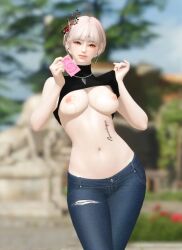 1girls ai_generated big_breasts blonde_hair breasts_out cheating condom flashing flashing_breasts grin holding_shirt jeans lost_ark smile teasing