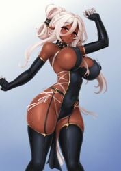 barbariank bare_shoulders bouncing_breasts breasts dark-skinned_female dark_elf dark_skin dress ear_covers elf female female_only gloves large_breasts long_hair original panties pelvic_curtain pointy_ears red_eyes sideboob sideless_outfit smile solo thighhighs white_hair