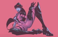 1girls 7zaki blue_skin bodysuit cleavage clothed female full_body hi_res long_legs overwatch overwatch_2 ponytail solo tight_clothing widowmaker yellow_eyes