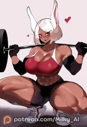 1girls ai_generated big_breasts boku_no_hero_academia dark-skinned_female dark_skin gym hi_res lifting_weights looking_at_viewer milky_ai mirko miruko muscular_female my_hero_academia portrait rabbit_ears red_eyes rumi_usagiyama short_hair sports_bra sportswear spread_legs squatting thick_thighs weightlifting wet white_hair