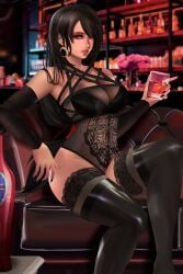 1girls 2022 black_hair drinking_glass earrings elegant female female_only final_fantasy final_fantasy_vii final_fantasy_vii_remake fishnets hair_over_one_eye hi_res kittymiya long_hair looking_at_viewer red_eyes sitting sitting_on_couch solo square_enix stockings tied_hair tifa_lockhart