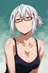 ai_generated big_breasts breasts fuyumi_todoroki glasses green_eyes looking_at_viewer multicolored_hair my_hero_academia navel sfw sleeveless solo solo_female solo_focus sweet_studio tank_top white_hair