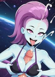 1boy 1girls ai_generated ash_graven big_breasts bike_shorts bikini boobsjob breasts cum cum_explosion ejaculation final_space hi_res male/female paizuri penis_in_breasts pixai smile space tagme tongue_out