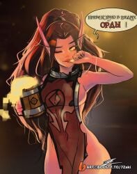 1girls 7zaki alcohol blood_elf brown_hair elf elf_ears female long_ears looking_at_viewer one_eye_closed sideboob smile solo speech_bubble text warcraft world_of_warcraft yellow_eyes