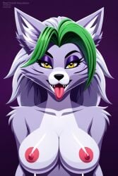 (dekaanter) ai_generated anthro big_breasts busty cartoon character colors dekaanter ear eyes fantasy features female five_nights_at_freddy&#039;s five_nights_at_freddy&#039;s:_security_breach fnaf fox-like fur green hair large out purple rnartist_dekaanter roxanne_wolf_(fnaf) self_upload style stylized tagme tongue vibrant