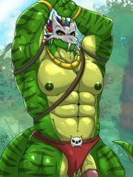 2024 3:4 abs anthro biceps bone bone_mask bottomwear clothing dated digital_media_(artwork) feathered_headdress friendly25 genitals glans green_nipples hi_res humanoid_genitalia humanoid_penis ineffective_clothing jewelry lihzahrd lizard loincloth looking_at_viewer male mask muscular muscular_anthro muscular_arms muscular_male muscular_thighs necklace nipples pecs penis portrait raised_arms reptile scalie signature skull skull_accessory skull_mask solo tail terraria three-quarter_portrait vein veiny_penis witch_doctor_(terraria) yellow_eyes
