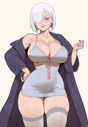 ai ai_assisted ai_generated big_breasts coat_on_shoulders curvy_figure fiona_frost hand_on_hip maxelartdesign revealing_dress spy_x_family thick_thighs thighhighs tongue tongue_out white_hair wide_hips