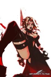 1girls 7zaki big_breasts black_dress black_panties black_thong blood blood_in_mouth bloodrayne cleavage clothed dhampir dress elbow_gloves female female_only lipstick looking_at_viewer rayne red_hair redhead short_hair solo stockings thong vampire yellow_eyes