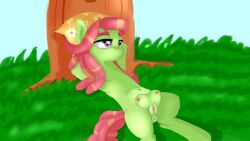 16:9 alternate_version_at_source anus clitoris crotch_breasts crotchboobs earth_pony equid equine female friendship_is_magic genitals grass hasbro hi_res horse jbond lying mammal my_little_pony navel nipples on_back plant pony pussy relaxing solo tree tree_hugger_(mlp) widescreen