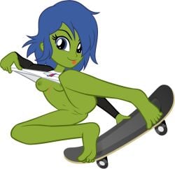 accurate_art_style ass blue_eyes blue_hair breasts earth_pony_colds equestria_girls feet friendship_is_magic green_skin half_naked human my_little_pony oc rally_flag_(oc) rule_63 scar shirt_only skateboard skating tongue_out vagina