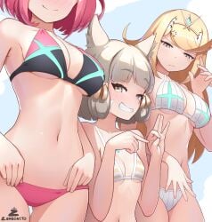 3girls :/ absurdres adapted_costume adjusting_clothes adjusting_swimsuit ass_visible_through_thighs bikini blonde_hair blush breasts chest_jewel facial_mark grey_hair grin head_out_of_frame highres large_breasts looking_at_another multiple_girls mythra nia penetration_gesture pyra red_bikini red_hair small_breasts smile striped_bikini striped_clothes suggestive suggestive_gesture swimsuit tiara whisker_markings white_bikini xenoblade_(series) xenoblade_chronicles_2 zambonito