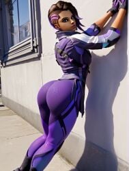 ai_generated ass big_ass big_ass_(female) brown_hair brown_skin eyebrows fat_ass gloves nose overslimy overwatch purple_suit sombra suit tagme