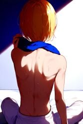 1boy ai_generated back back_view blonde_hair blue_towel close-up facing_away from_behind hunter_x_hunter indoors kurapika shaded short_hair sitting solo sweat towel towel_around_neck trap white_pants