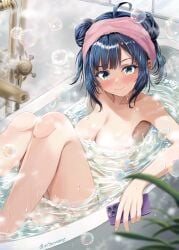 ahoge armpits bare_arms bare_legs bare_shoulders bare_thighs bathing bathroom bathtub big_breasts blue_eyes blue_hair blush breasts bubbles cleavage closed_mouth collarbone completely_nude convenient_censoring double_bun feet_out_of_frame holding_phone knees_up make_heroine_ga_oo_sugiru! nude partially_submerged shiny_skin smile staryume steam thighs tied_hair towel towel_on_head water wet_body yanami_anna