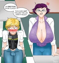 1boy 1girls 2d adrien_agreste angry angry_female artist_name big_breasts big_penis busty caught classroom cleavage dialogue dladiator during_class embarrassed english_text erection erection_under_clothes female femboy giant_breasts glasses huge_breasts lab_coat large_breasts male mature_female miraculous:_tales_of_ladybug_and_cat_noir miraculous_ladybug nipple_bulge older_female olga_mendeleiev precum precum_stain speech_bubble tagme teacher teacher_and_student thick_thighs throbbing_penis turned_on wide_hips