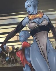 2girls 7zaki alien alien_girl asari blue_skin mass_effect