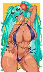 1girls ass beads big_ass big_breasts big_thighs bikini brazil brazilian brazilian_female brazilian_miku breasts cyan_eyes cyan_hair female female_only hatsune_miku huge_ass huge_thighs latin_american_hatsune_miku_(meme) long_hair looking_at_viewer nez-box solo tagme tan tan_body thick_hips thick_thighs thighs twintails vocaloid waist_beads