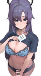 1boy absurdres black_shirt blue_archive blue_bra blue_buruma blush bra breasts buruma censored cleavage clothes_lift erection female half_updo halo handjob highres long_hair looking_at_viewer medium_breasts navel note paper parted_bangs penis ponytail purple_eyes purple_hair sezok shirt sidelocks solo_focus translated underwear yuuka_(blue_archive) yuuka_(track)_(blue_archive)