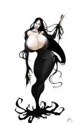 areola_slip areolae bare_shoulders black_dress black_fingernails cleavage curvy eyeshadow green_eyes long_dress looking_at_viewer off_shoulder omac sharp_fingernails smile the_addams_family very_long_hair