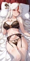 1girls 2d 2d_(artwork) ai ai_generated alternate_costume bed bedroom belly_button big_breasts blush bra female female_focus female_only front_view genshin_impact hourglass_figure light-skinned_female light_skin lingerie lingerie_only long_hair looking_at_viewer lying lying_on_bed mature mature_female navel ningguang_(genshin_impact) pillow slim_girl smiling smiling_at_viewer solo solo_female solo_focus thighhighs thong white_hair xion_(artist)