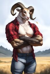 1boy 2024 abs ai_generated anthro athletic athletic_anthro athletic_male avaru biceps bulge caprine caprine_horn caprine_humanoid clothing fur humanoid jeans male male_focus male_only mammal muscular muscular_male pecs plaid plaid_shirt ram sheep shirt solo straw_in_mouth tuft vein