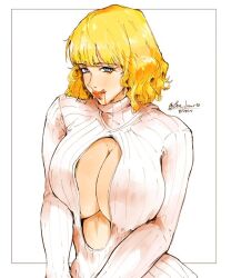 blonde_hair blood_in_mouth blue_eyes bon_drawr cleavage female female_only huge_breasts licking_lips one_piece stussy_(one_piece) turtleneck